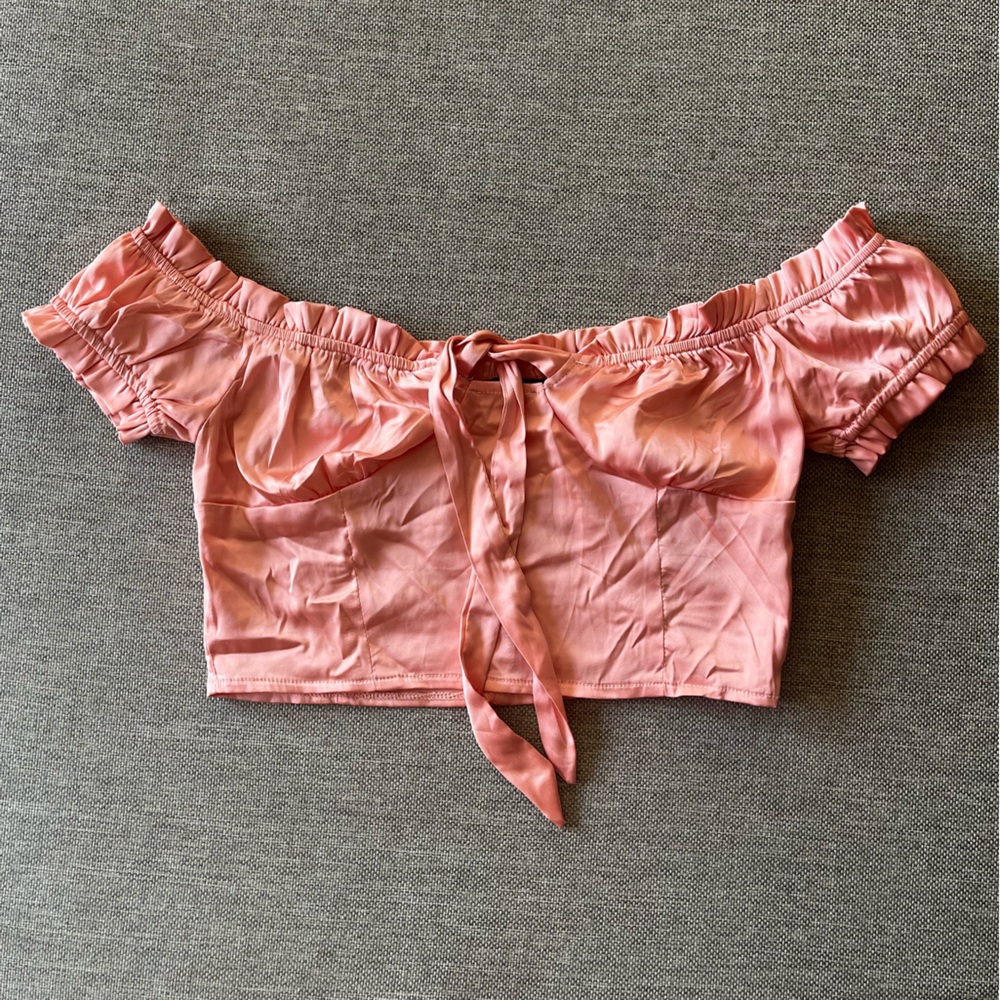 Nasty Gal baby pink satin off the shoulder see crop top size 4